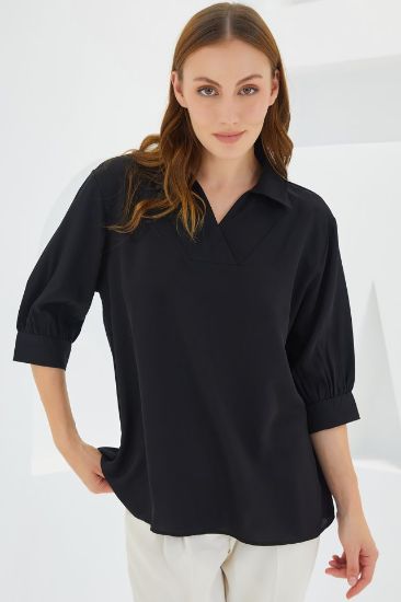 Siyah Gömlek Yaka Saten Bluz 0493 resmi